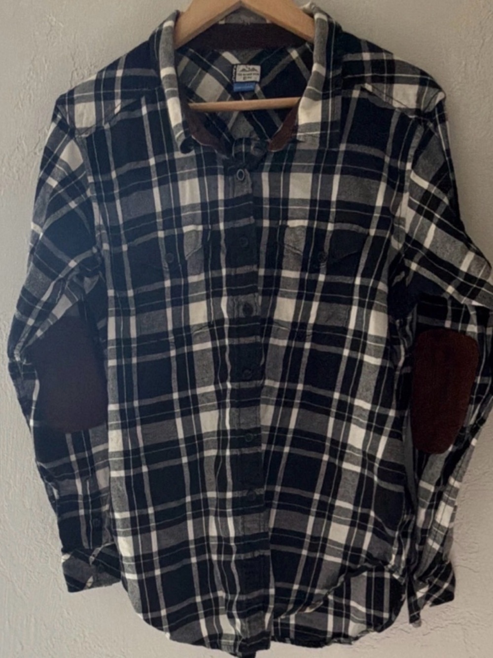 Kavu Plaid Button Up Unisex Women’s Men's  XL Black White Elbow Patch Flannel